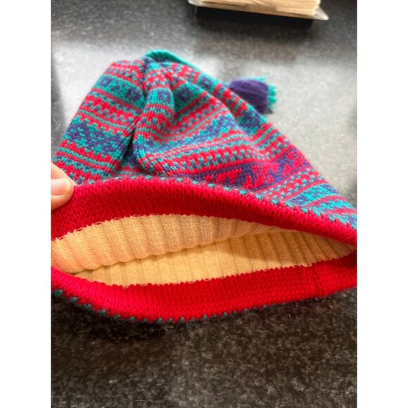 Vtg 1980's Smiley 100% Pure Wool Knit Beanie Hat Turquoise Red Purple - Picture 6 of 8